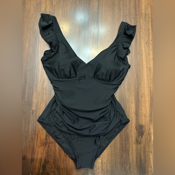 DKNY Ruffle-Trim One-Piece Swimsuit Size XXL Black Tummy Control Modest Pool - Picture 3 of 14